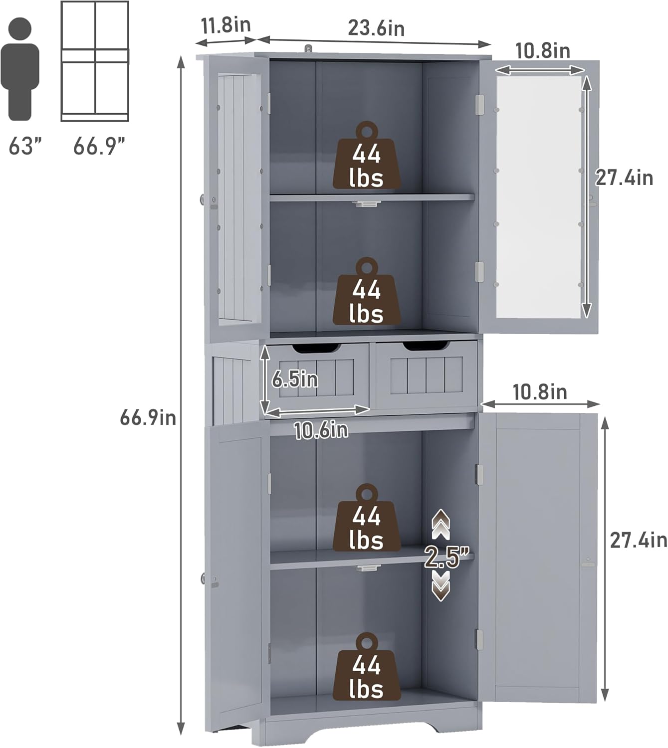 67" Tall White Bathroom Cabinet Storage Cabinet, Freestanding Storage Cabinet with Glass Door and Adjustable Shelves