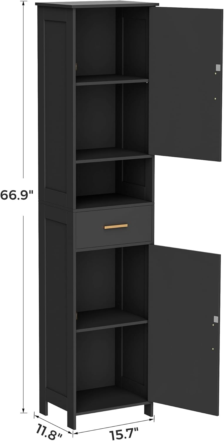 67"H Tall Bathroom Storage Cabinet with Rattan Decorated Door and Drawer, Narrow Storage Unit