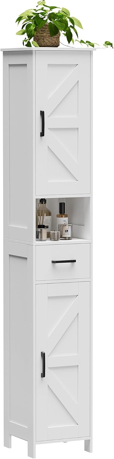 67" H Tall Bathroom Storage Cabinet with 2 Barn Doors and 1 Drawer, Narrow Storage Unit