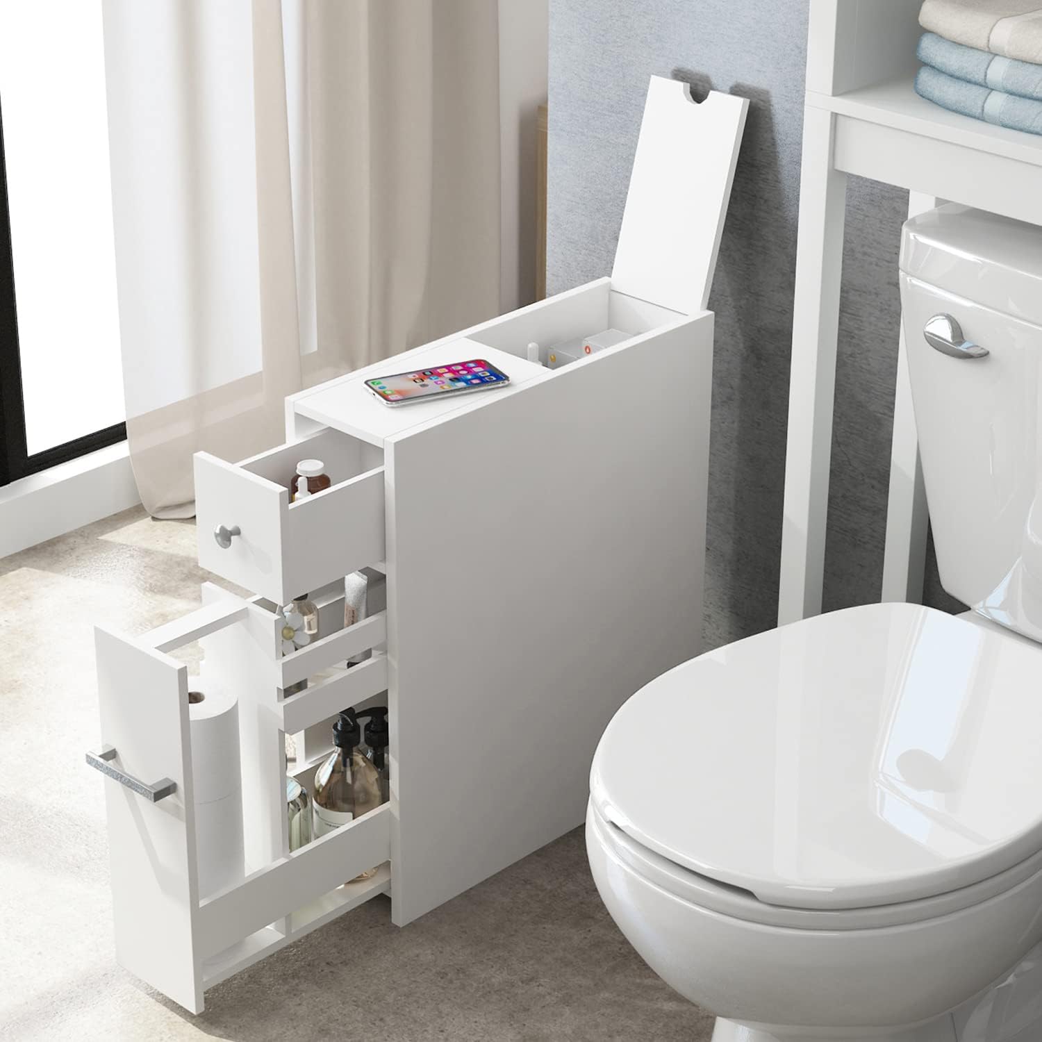 Slim Bathroom Storage Cabinet, Free Standing Toilet Paper Holder