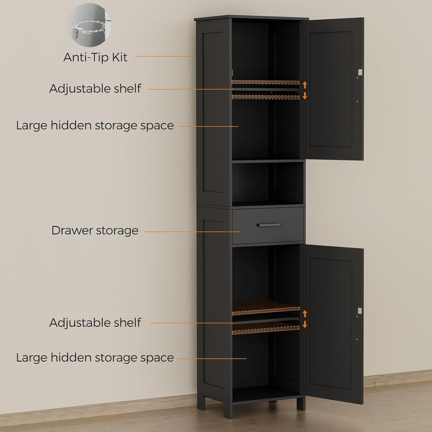 67" H Tall Bathroom Storage Cabinet with 2 Barn Doors and 1 Drawer, Narrow Storage Unit, Adjustable Shelves, 11.8"D x 15.7"W x 66.9"H