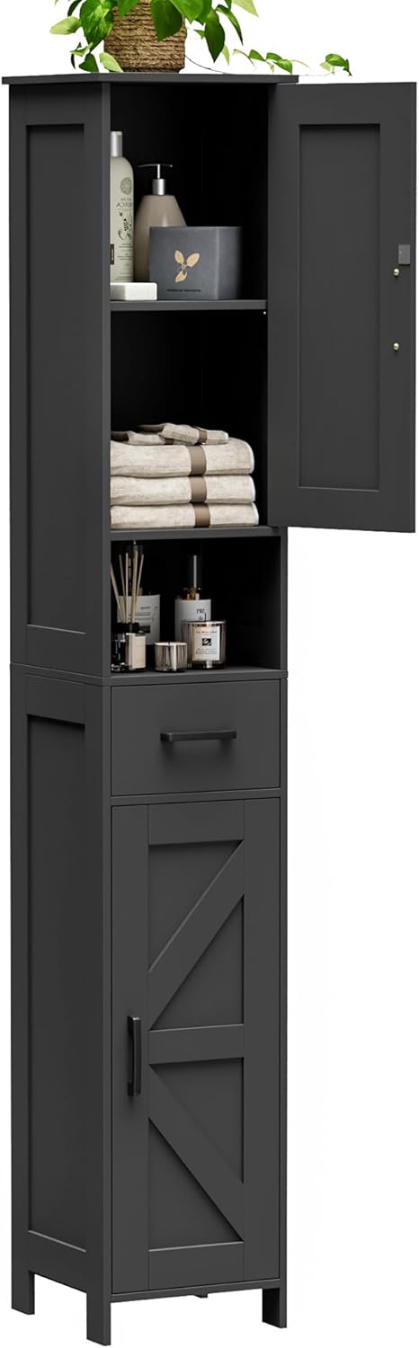 67" H Tall Bathroom Storage Cabinet with 2 Barn Doors and 1 Drawer, Narrow Storage Unit