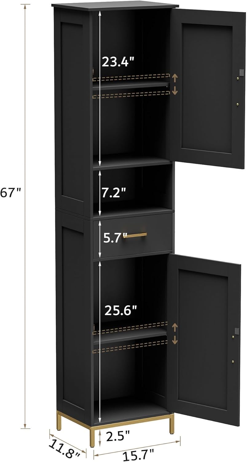 67" H Bathroom Storage Cabinet, Tall Storage Cabinet with Adjustable Shelves, Freestanding Cabinet with Doors and Drawer