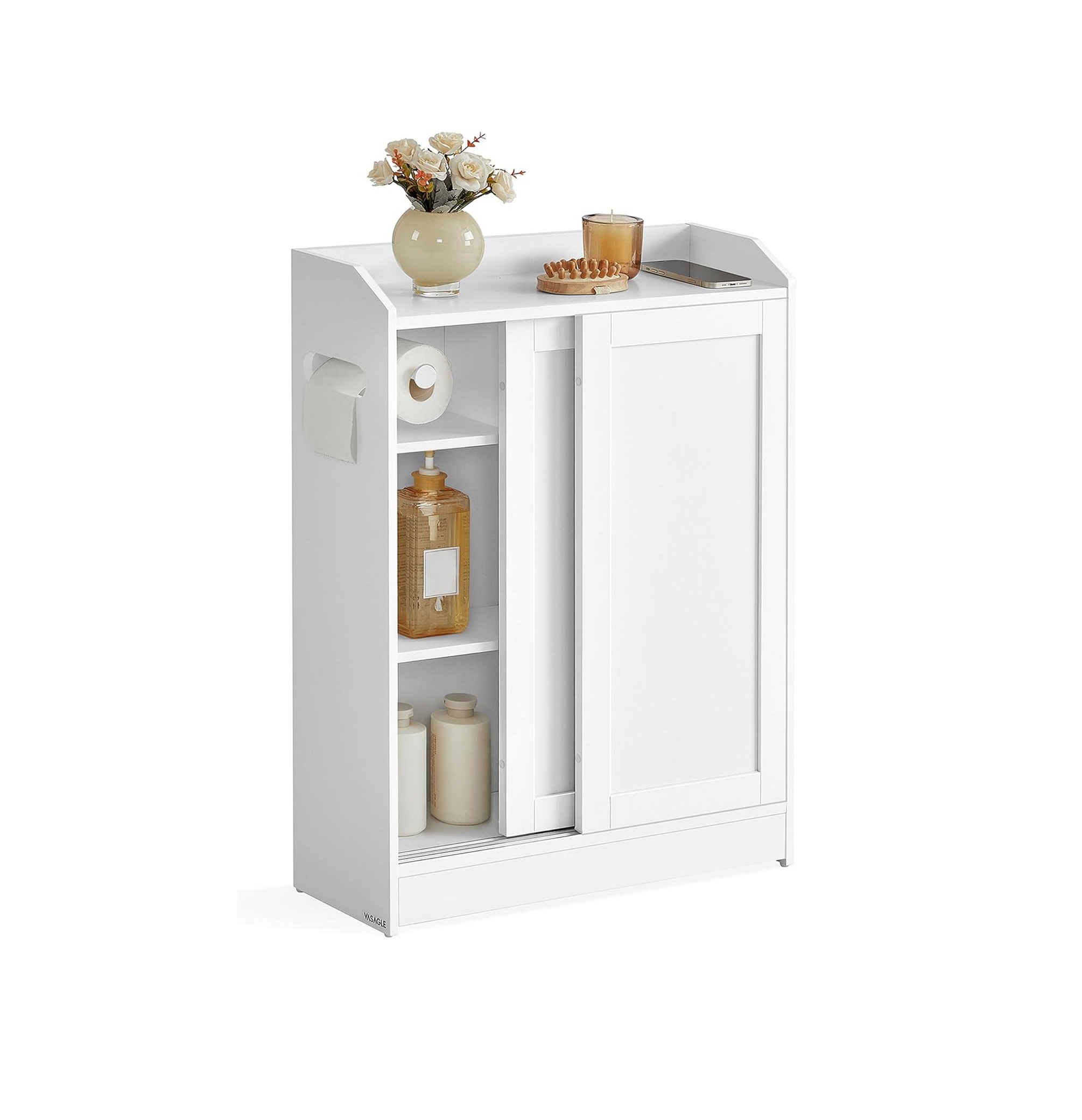 Narrow Storage Cabinet, Slim Floor Cabinet with Sliding Doors, Toilet Paper Holder and Brush Compartment