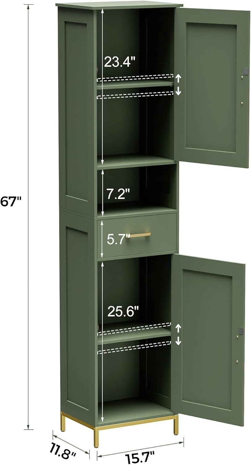 67" H Bathroom Storage Cabinet, Tall Storage Cabinet with Adjustable Shelves, Freestanding Cabinet with Doors and Drawer
