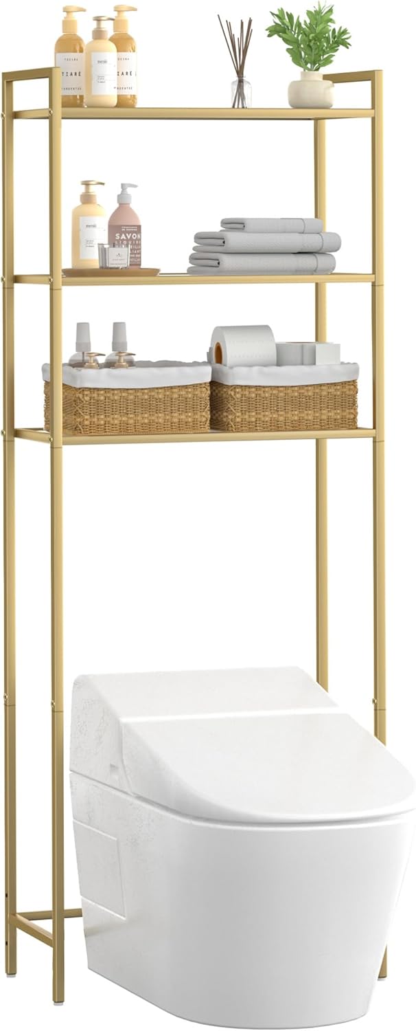 Metal 3-Tier Over-The-Toilet Bathroom Organizer Rack, Tempered Glass Shelves