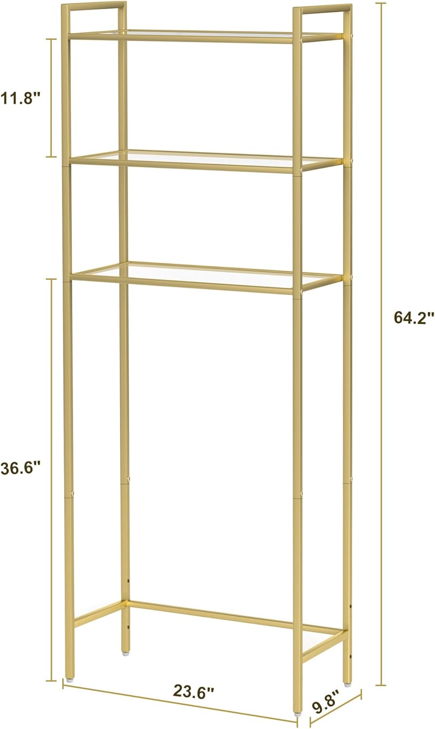 Metal 3-Tier Over-The-Toilet Bathroom Organizer Rack, Tempered Glass Shelves