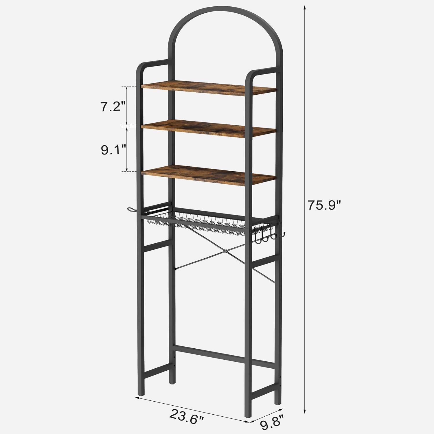 4-Tier Over The Toilet Storage with 4 Hooks and Paper Holder, Space Saving, Bathroom Organizer with Adjustable Feet