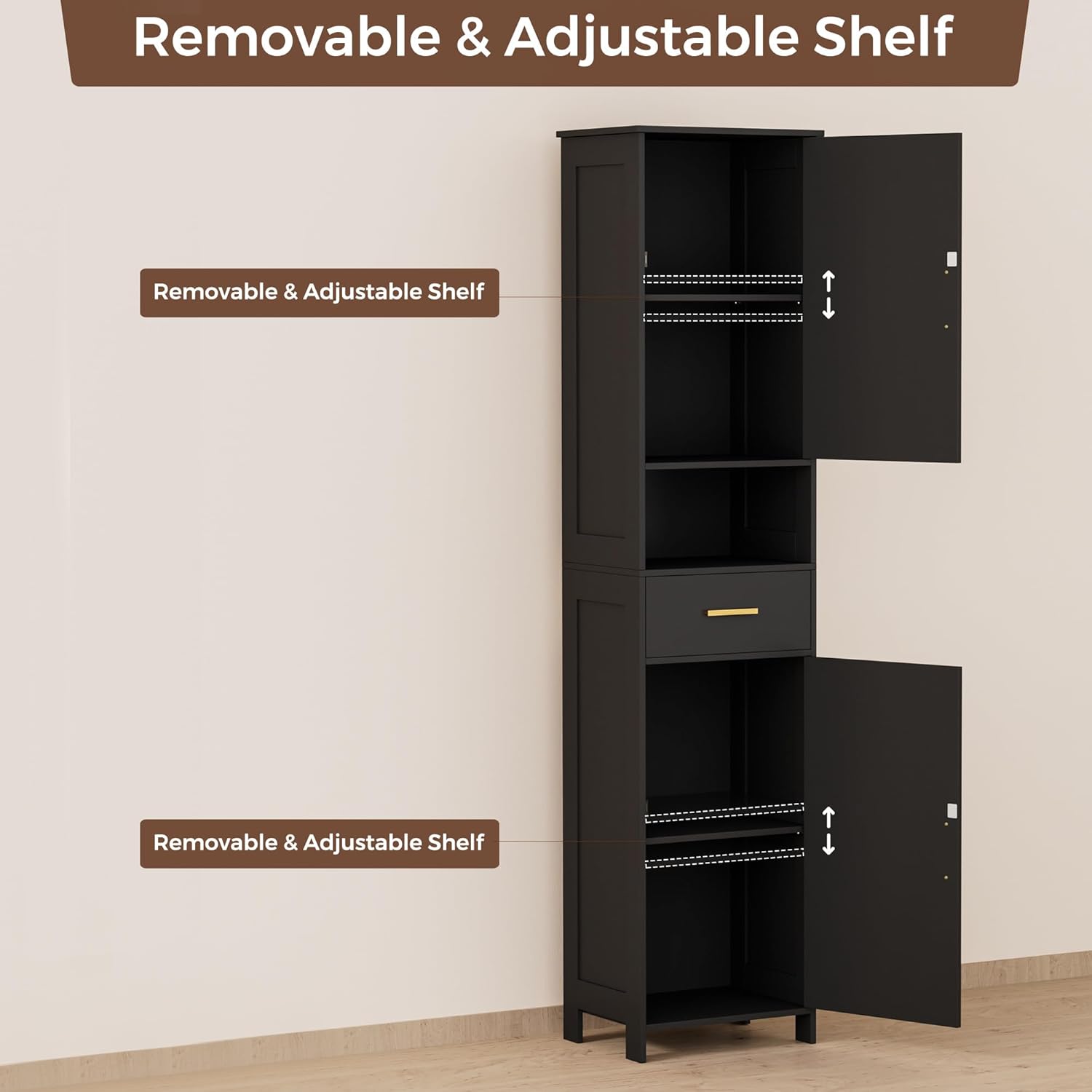 67"H Tall Bathroom Storage Cabinet with Rattan Decorated Door and Drawer, Narrow Storage Unit