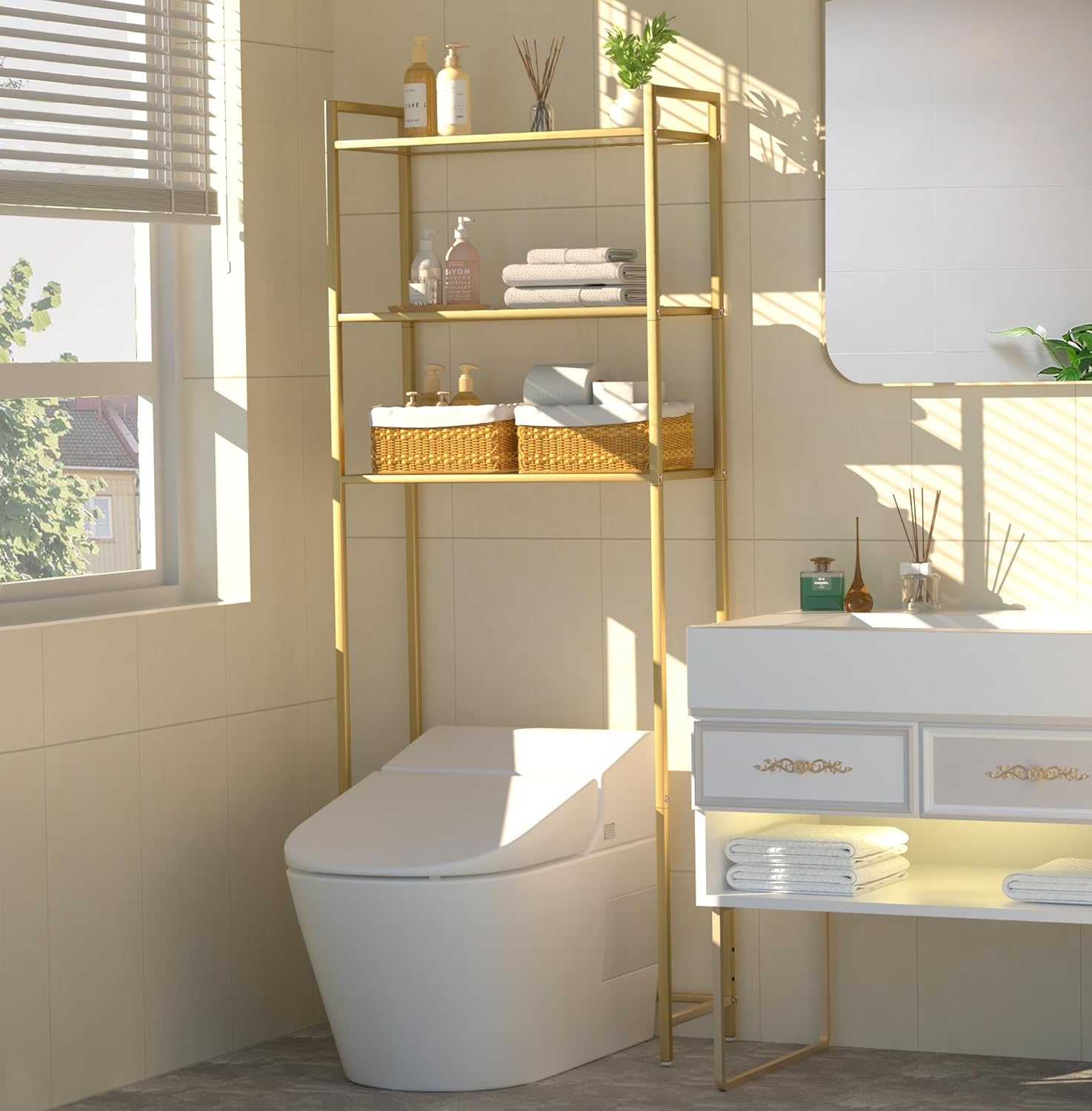 Metal 3-Tier Over-The-Toilet Bathroom Organizer Rack, Tempered Glass Shelves