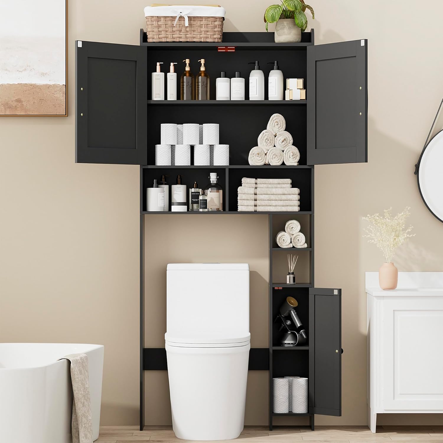 Over The Toilet Storage Cabinet with 2 Barn Door and Toilet Paper Holder Stand, 7.8"D x 30.7"W x 65.4"H