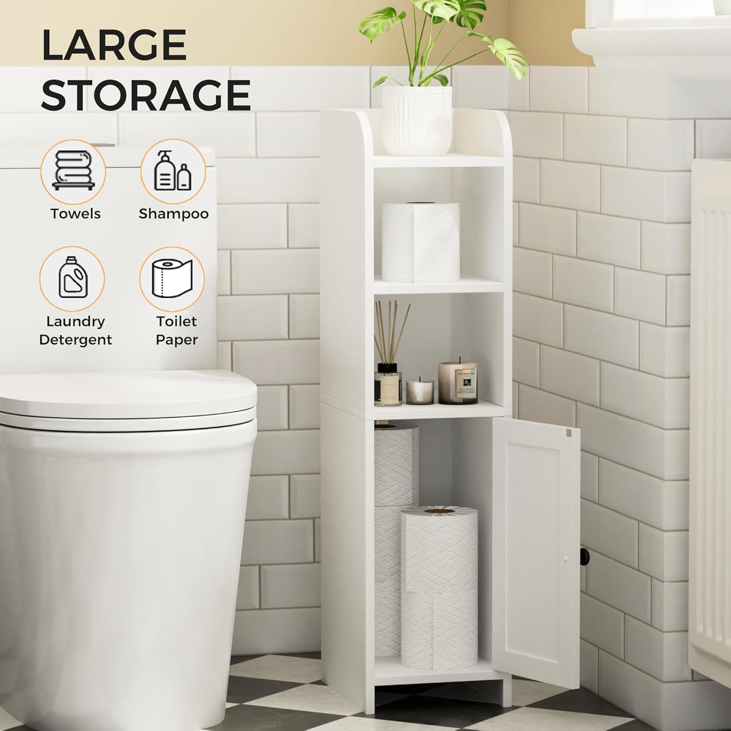 Floor Cabinet with Door and Shelves, Beside The Toilet Paper Stand, 9.8" D x 7.9" W x 31" H
