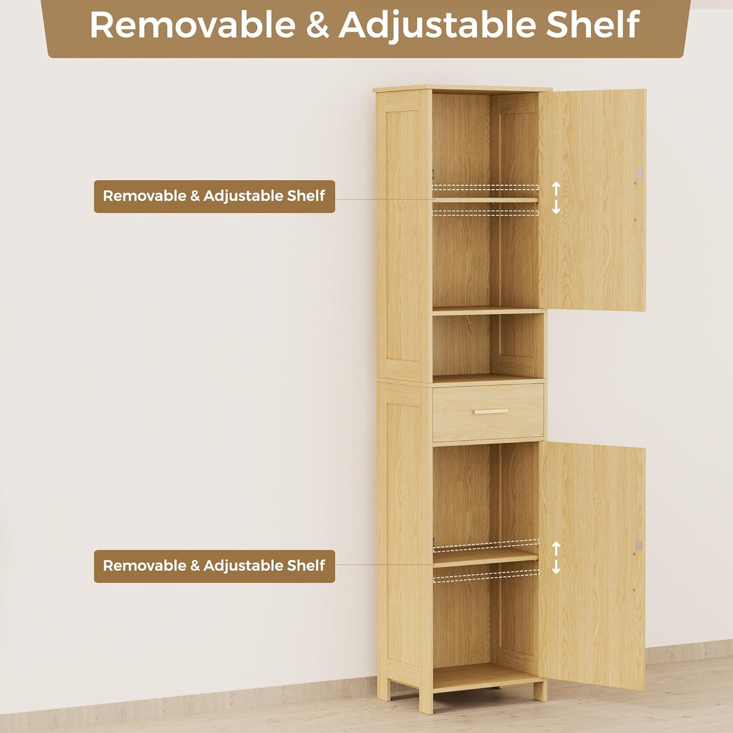 67"H Tall Bathroom Storage Cabinet with Rattan Decorated Door and Drawer, Narrow Storage Unit
