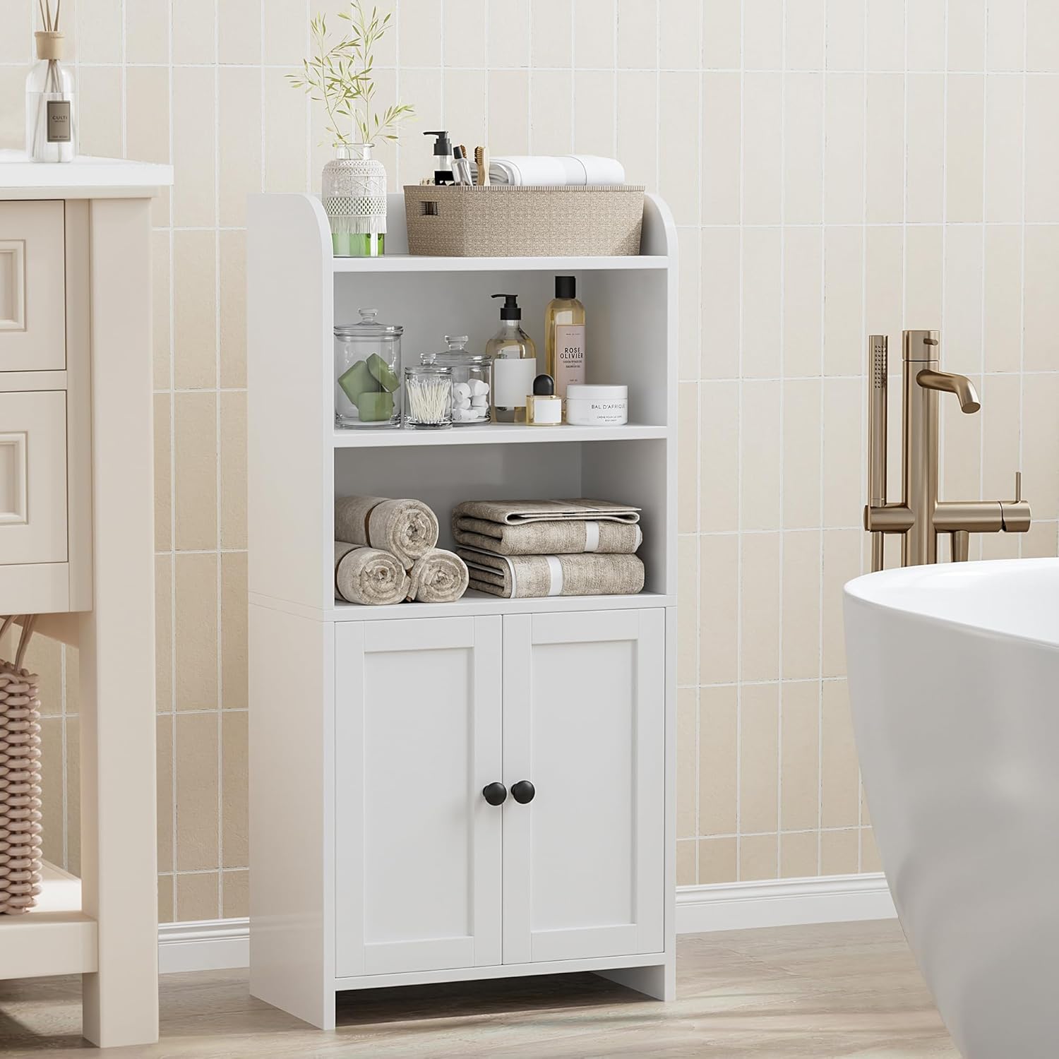 Small Bathroom Storage Cabinet, Freestanding Toilet Paper Storage with 2 Doors and Shelves, 7.9" D x 14.6" W x 31" H