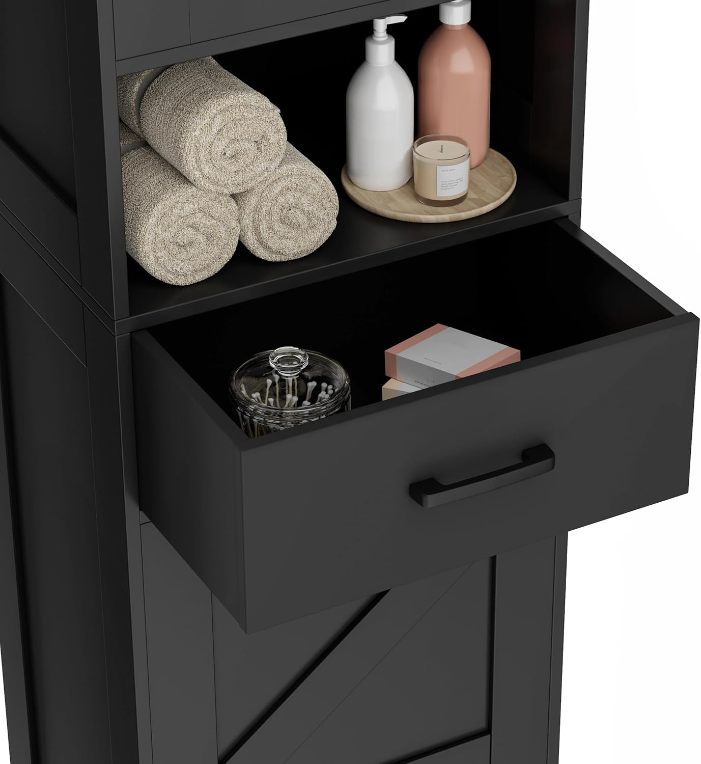 67" H Tall Bathroom Storage Cabinet with 2 Barn Doors and 1 Drawer, Narrow Storage Unit, Adjustable Shelves, 11.8"D x 15.7"W x 66.9"H