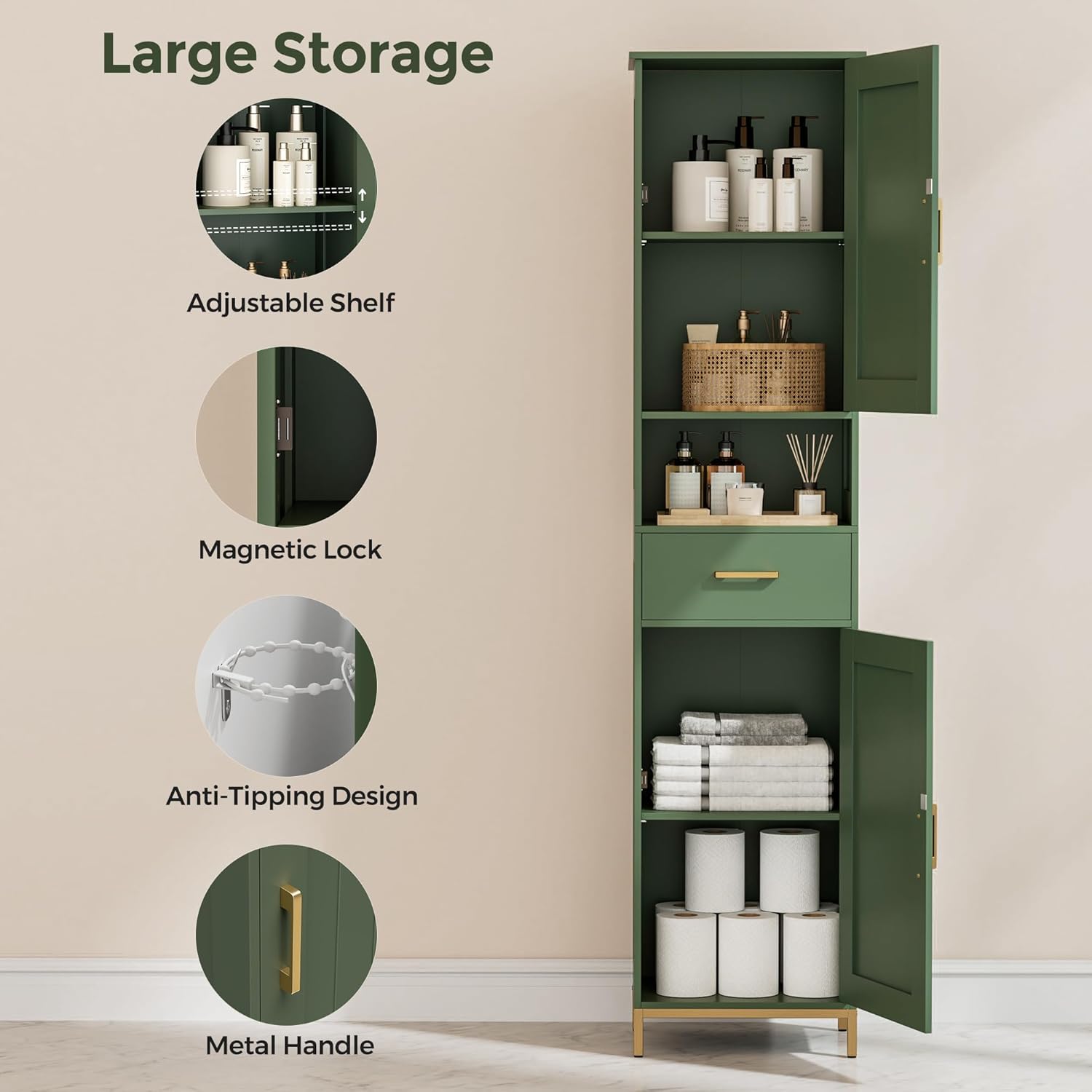 67" H Bathroom Storage Cabinet, Tall Storage Cabinet with Adjustable Shelves, Freestanding Cabinet with Doors and Drawer