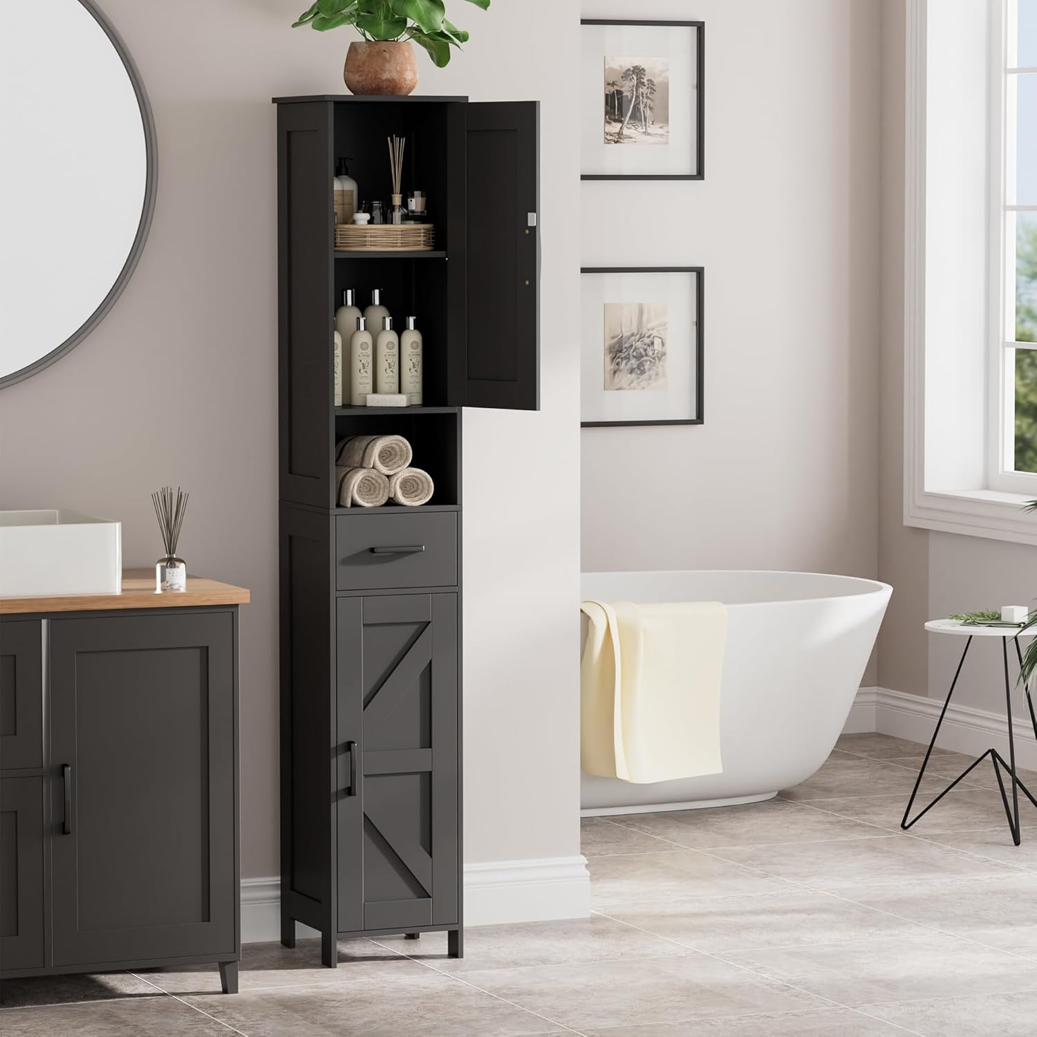 67" H Tall Bathroom Storage Cabinet with 2 Barn Doors and 1 Drawer, Narrow Storage Unit