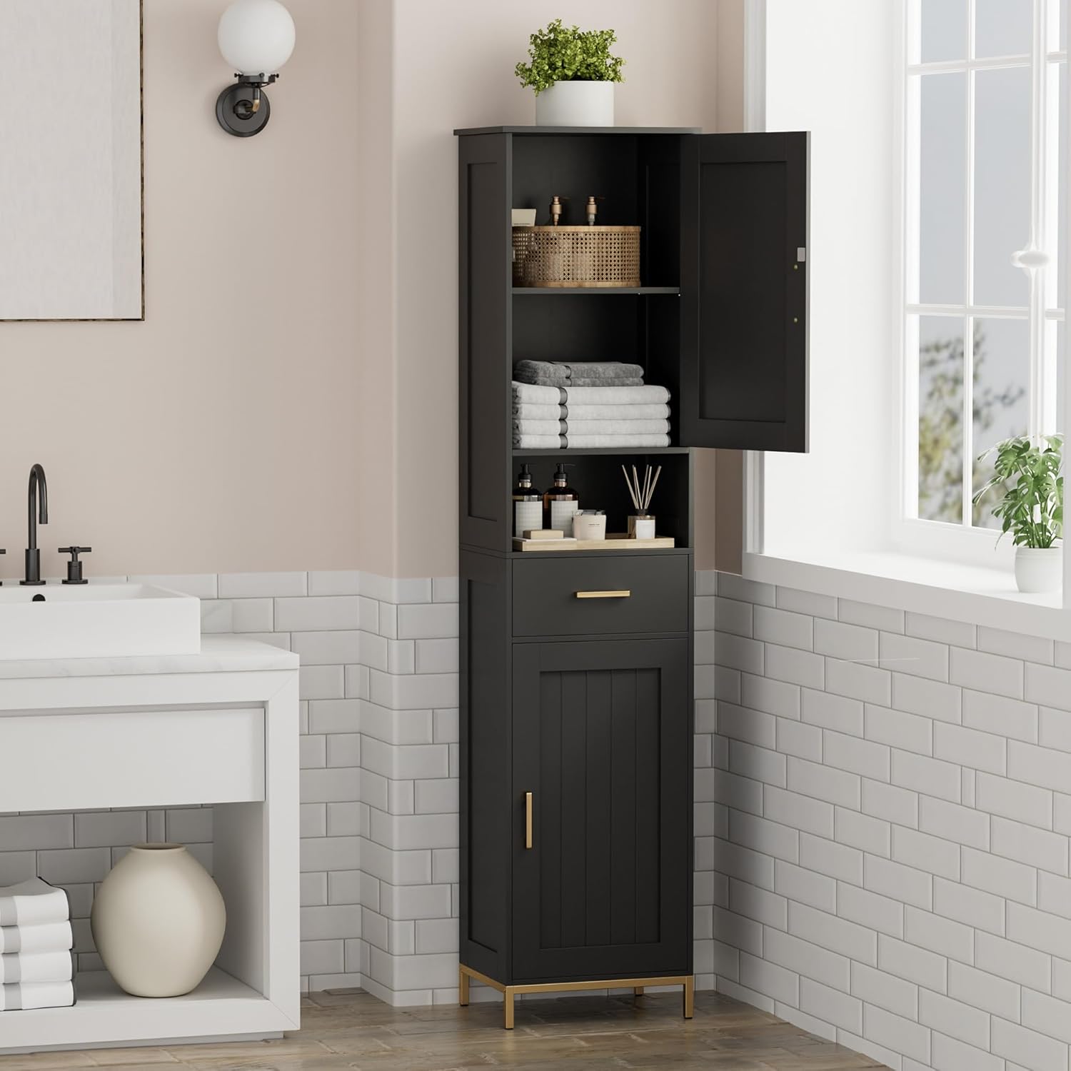 67" H Bathroom Storage Cabinet, Tall Storage Cabinet with Adjustable Shelves, Freestanding Cabinet with Doors and Drawer