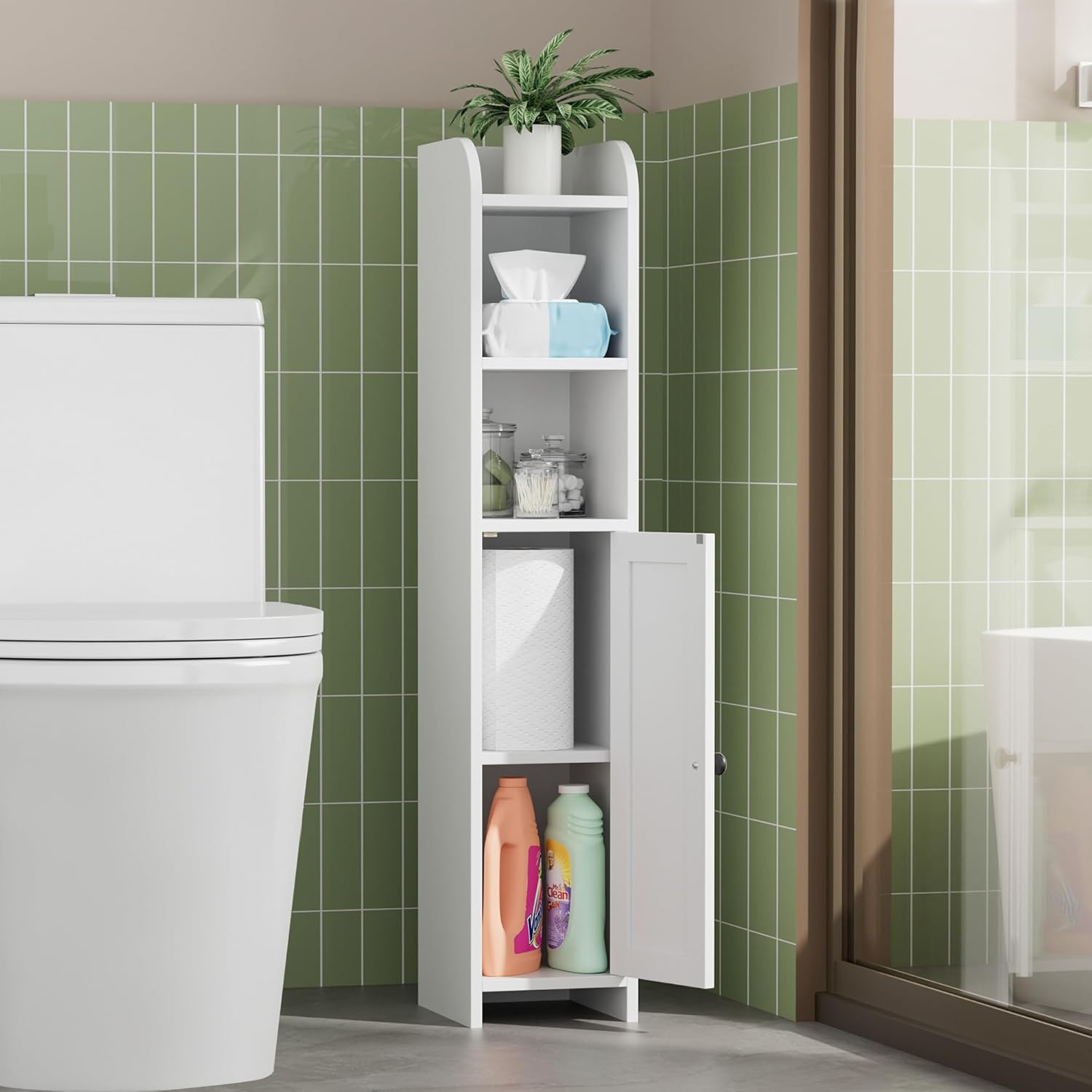 Small Bathroom Storage Corner Floor Cabinet with Door and Shelves, Beside The Toilet Paper Stand, 7.9"D x 7.1"W x 35.4"H