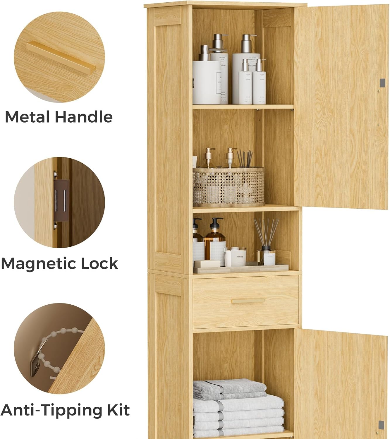 67"H Tall Bathroom Storage Cabinet with Rattan Decorated Door and Drawer, Narrow Storage Unit