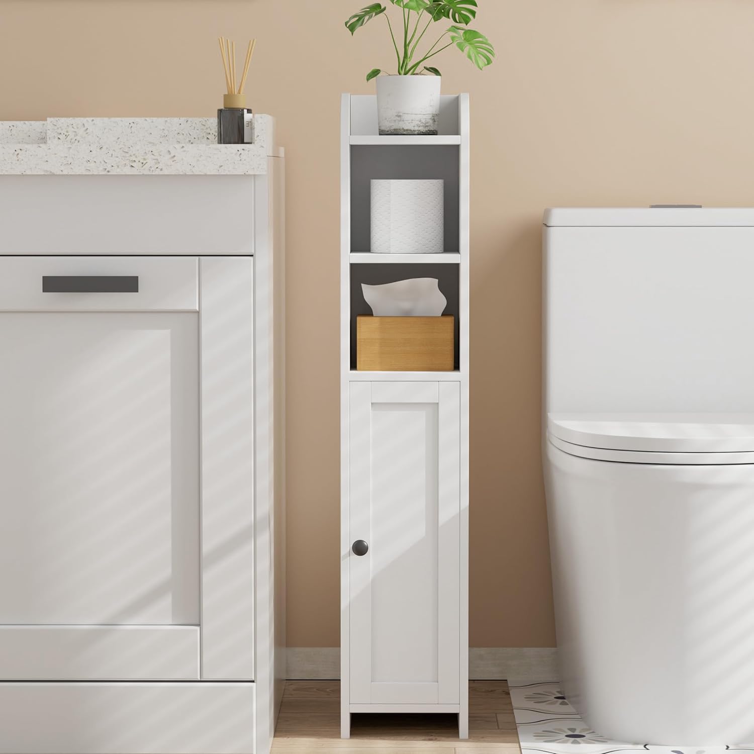 Small Bathroom Storage Corner Floor Cabinet with Door and Shelves, Beside The Toilet Paper Stand, 7.9"D x 7.1"W x 35.4"H