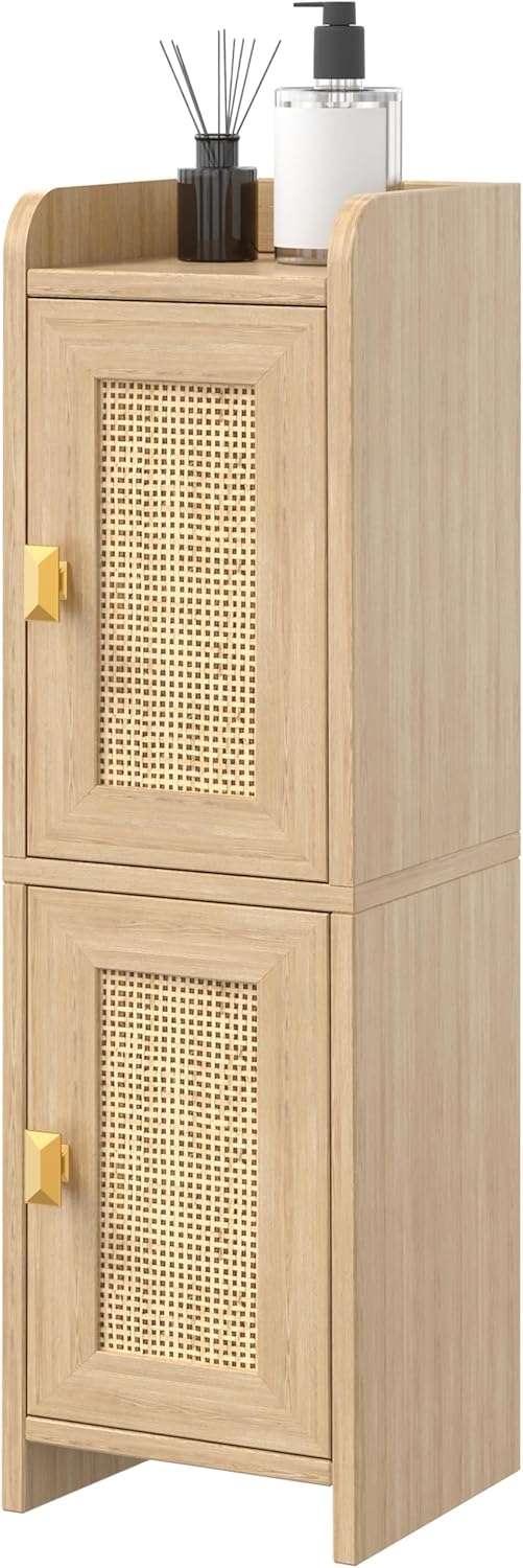 Rattan Small Bathroom Cabinet with 2 Doors, 7.9''D x 7.9''W Narrow Toilet Paper Storage Cabinet, Bathroom Organizer for Small Spaces