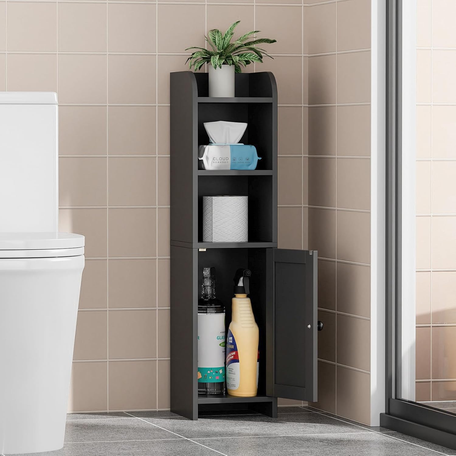 Floor Cabinet with Door and Shelves, Beside The Toilet Paper Stand, 9.8" D x 7.9" W x 31" H