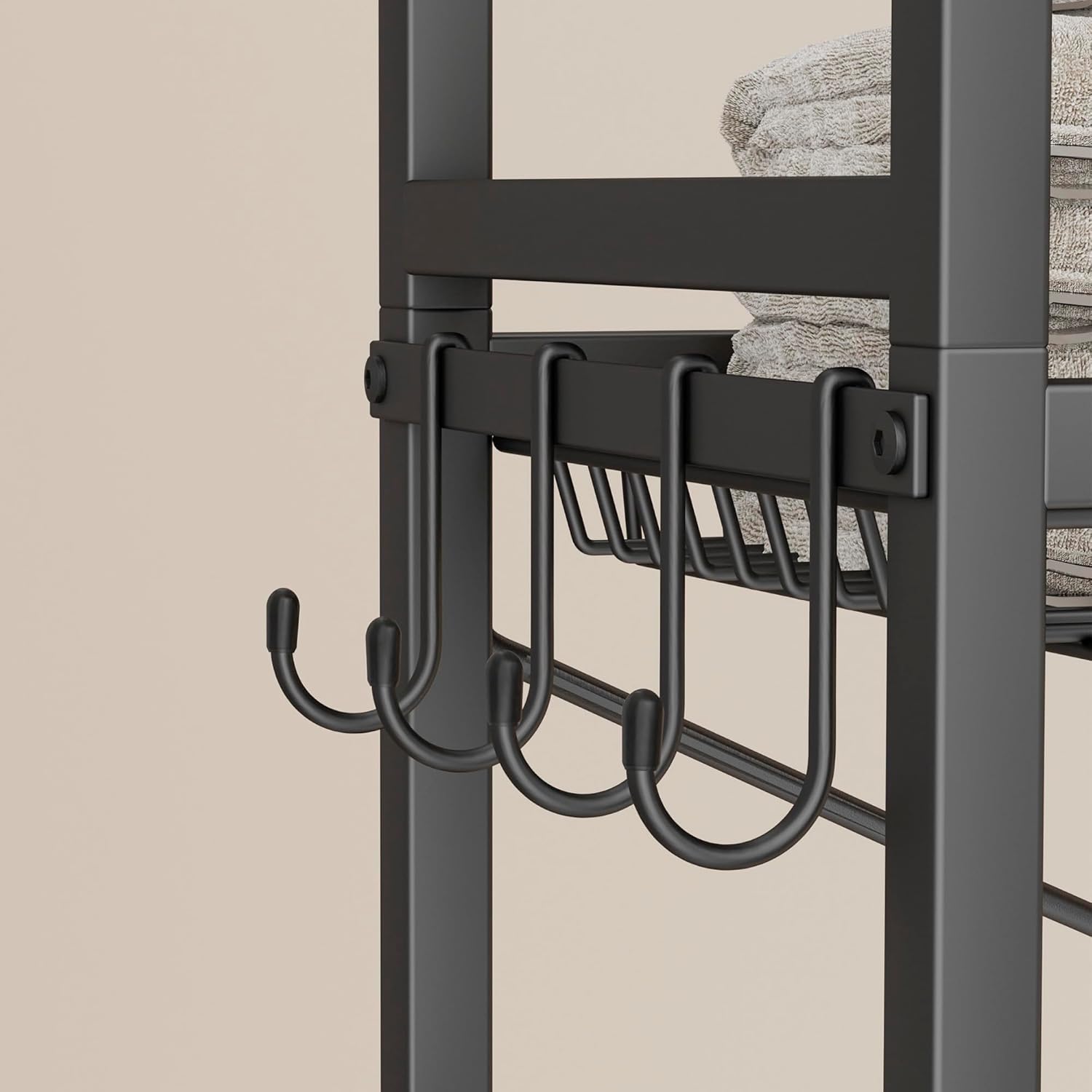 4-Tier Over The Toilet Storage with 4 Hooks and Paper Holder, Space Saving, Bathroom Organizer with Adjustable Feet