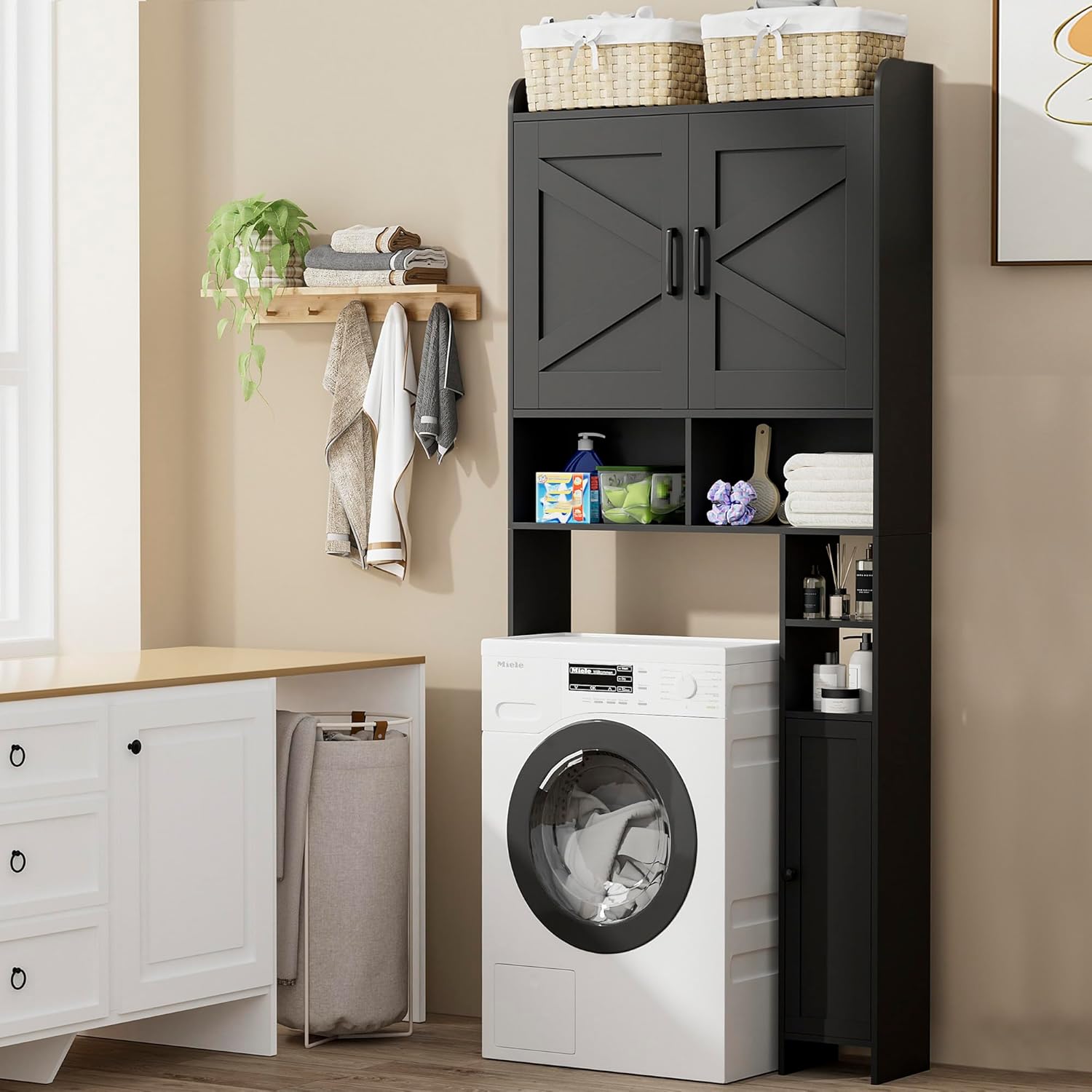 Over The Toilet Storage Cabinet with 2 Barn Door and Toilet Paper Holder Stand, 7.8"D x 30.7"W x 65.4"H