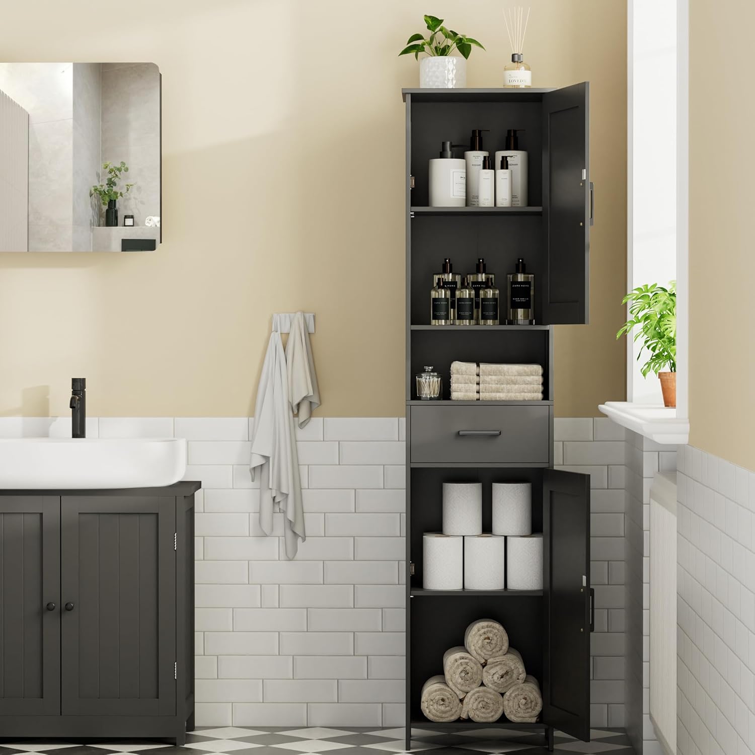 67" H Tall Bathroom Storage Cabinet with 2 Barn Doors and 1 Drawer, Narrow Storage Unit, Adjustable Shelves, 11.8"D x 15.7"W x 66.9"H