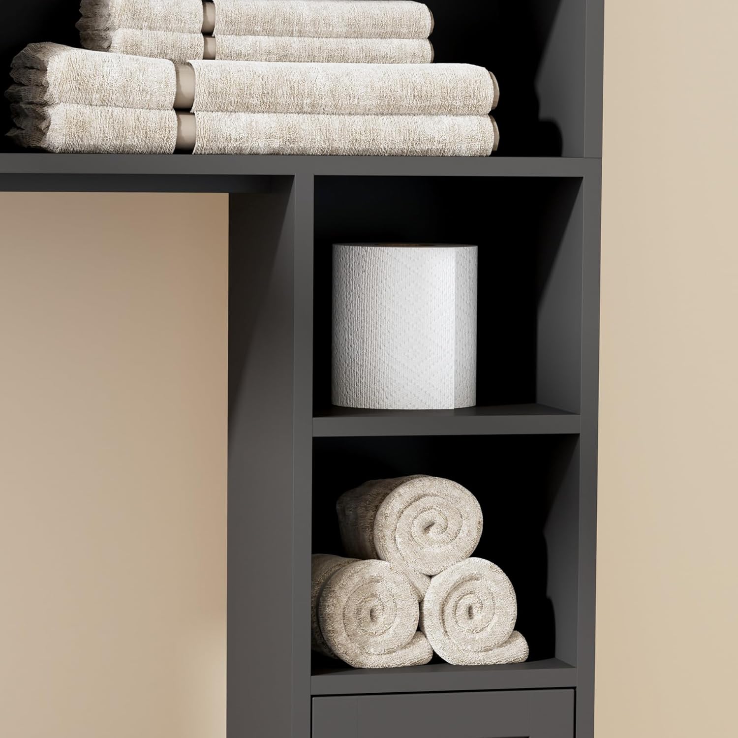 67" H Over The Toilet Storage Cabinet, Boho Bathroom Organizer with Rattan Decorated Doors, 7.9"D x 31.5"W x 67.7"H