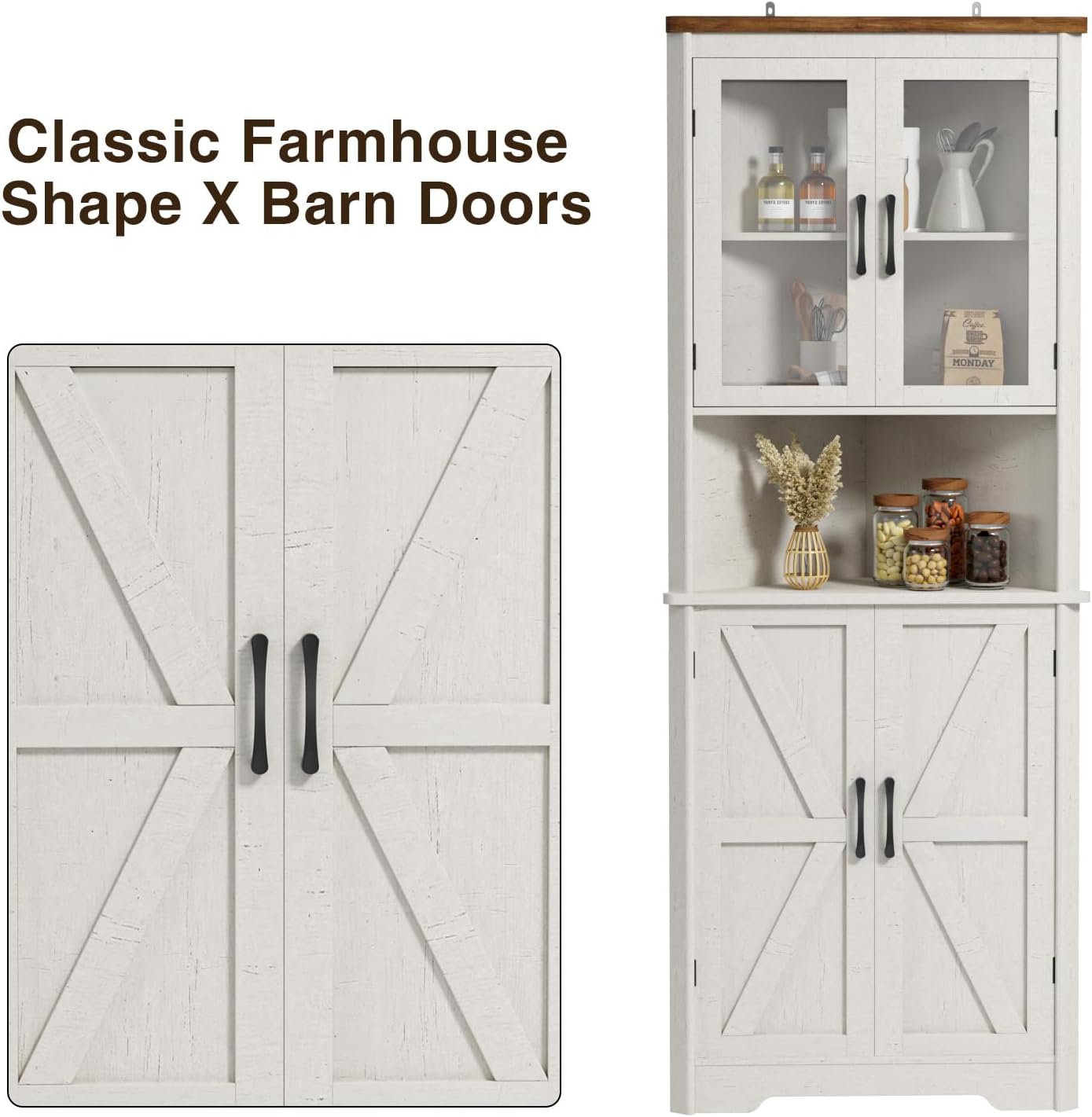 67''H Tall Corner Cabinet with 4 Tempered Glass Doors and Barn Doors