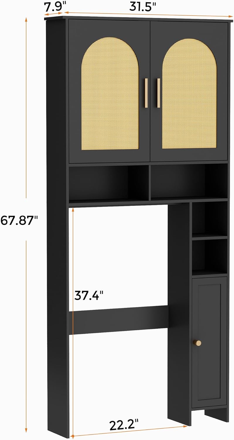 67" H Over The Toilet Storage Cabinet, Boho Bathroom Organizer with Rattan Decorated Doors, 7.9"D x 31.5"W x 67.7"H