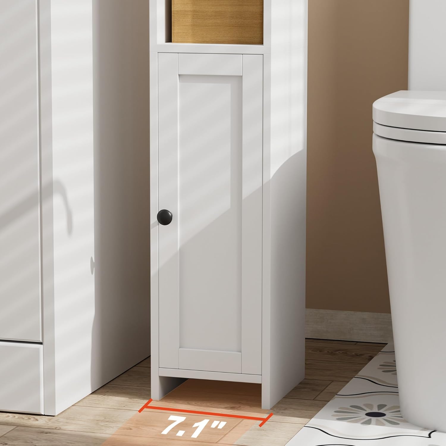 Small Bathroom Storage Corner Floor Cabinet with Door and Shelves, Beside The Toilet Paper Stand, 7.9"D x 7.1"W x 35.4"H