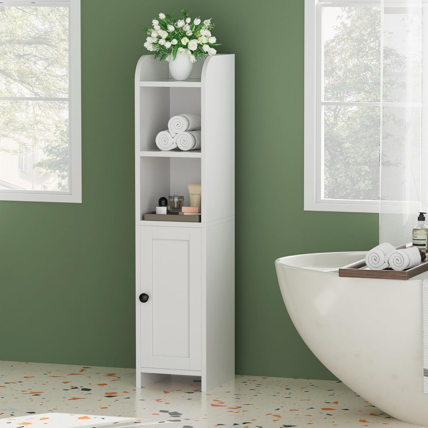Small Bathroom Storage Corner Floor Cabinet with Door and Shelves, 7.9" D x 7.1" W x 31" H