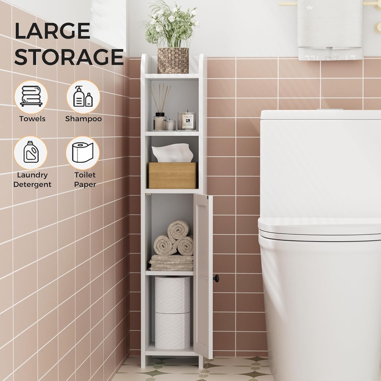 Small Bathroom Storage Corner Floor Cabinet with Door and Shelves, Beside The Toilet Paper Stand, 7.9"D x 7.1"W x 35.4"H