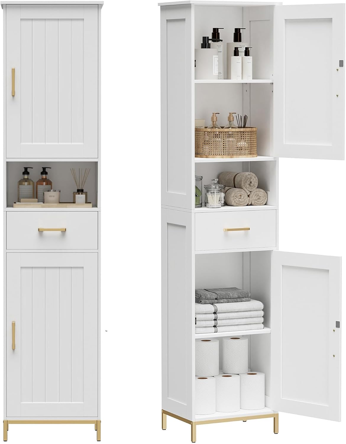 67" H Bathroom Storage Cabinet, Tall Storage Cabinet with Adjustable Shelves, Freestanding Cabinet with Doors and Drawer