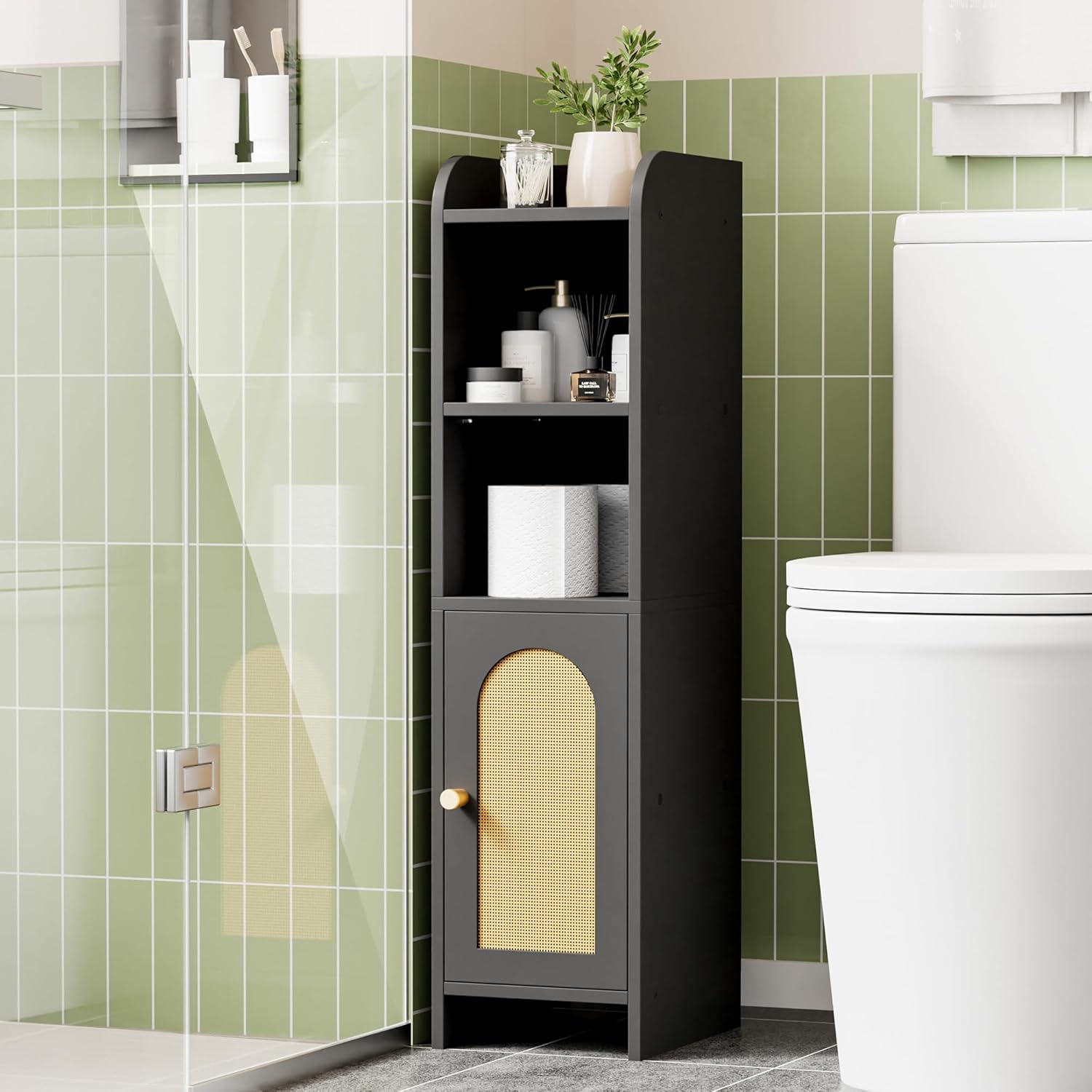 Rattan Small Bathroom Cabinet with Door, Narrow Toilet Paper Storage Cabinet, Skinny Corner Floor Cabinet with Adjustable Shelves