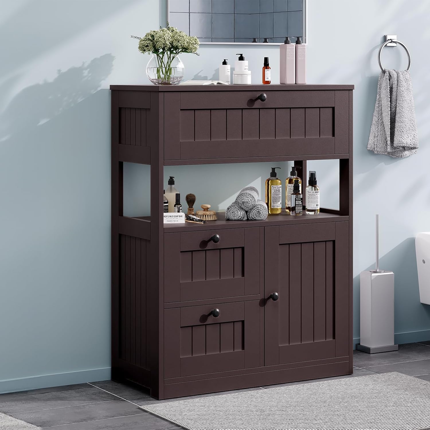 Bathroom Cabinet, Modern Bathroom Floor Storage Cabinet Organizer with 1 Door and 3 Drawers