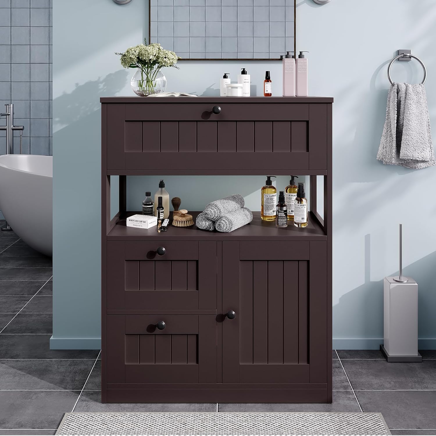 Bathroom Cabinet, Modern Bathroom Floor Storage Cabinet Organizer with 1 Door and 3 Drawers