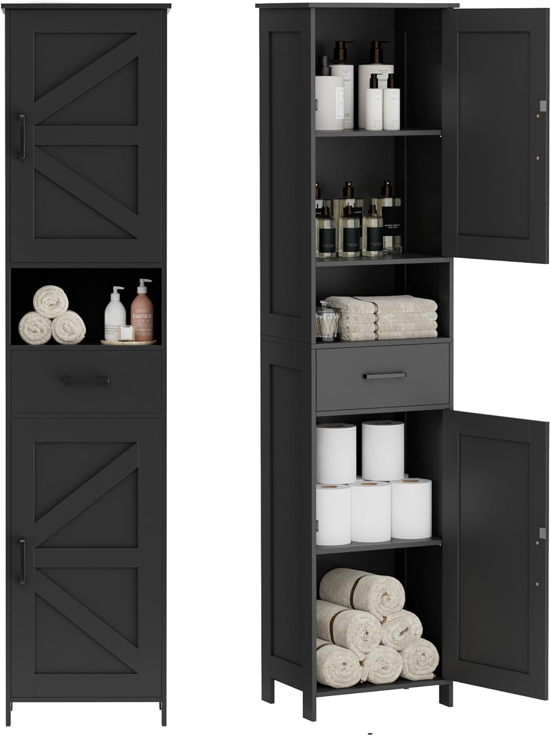 67" H Tall Bathroom Storage Cabinet with 2 Barn Doors and 1 Drawer, Narrow Storage Unit, Adjustable Shelves, 11.8"D x 15.7"W x 66.9"H