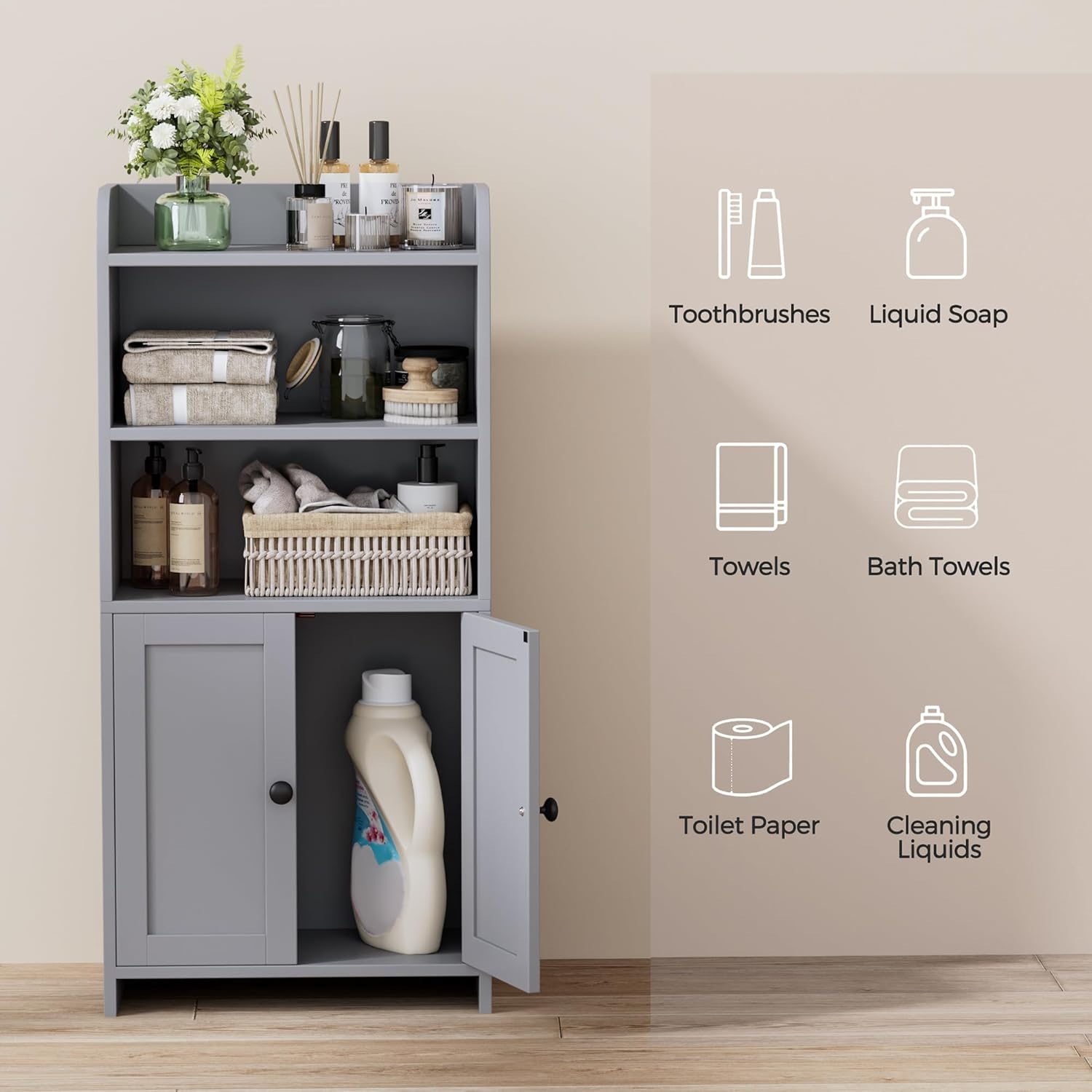 Freestanding Toilet Paper Storage with 2 Doors and Shelves, Bathroom Organizers and Storage for Small Spaces, 7.9" D x 14.6" W x 31" H