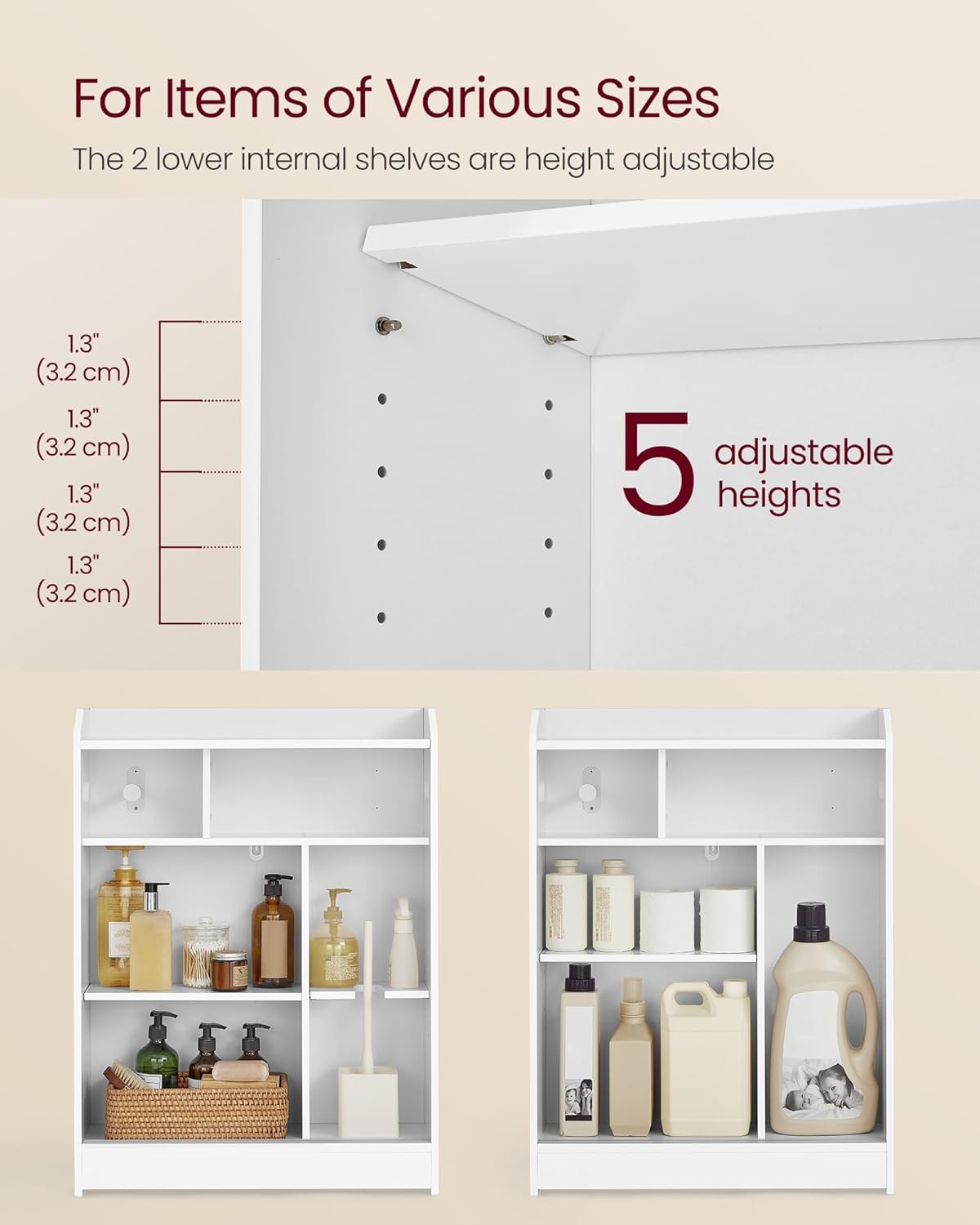 Narrow Storage Cabinet, Slim Floor Cabinet with Sliding Doors, Toilet Paper Holder and Brush Compartment