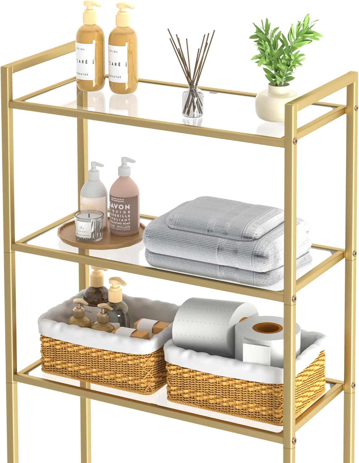 Metal 3-Tier Over-The-Toilet Bathroom Organizer Rack, Tempered Glass Shelves