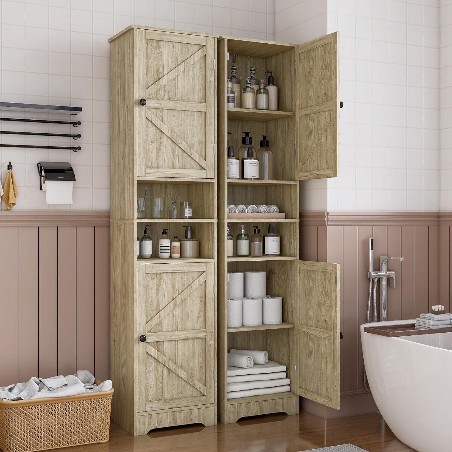 Tall Bathroom Storage Cabinet, Vertical Freestanding Organizer with Adjustable Shelf, Slim Design for Small Bathrooms
