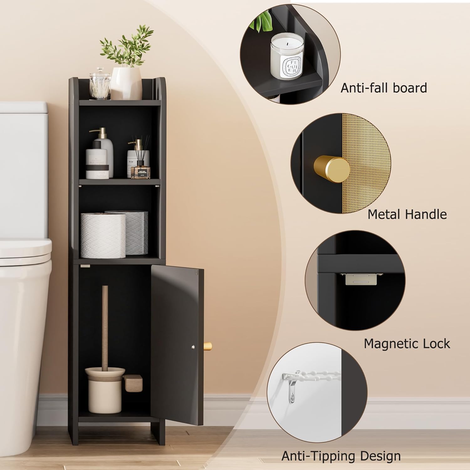 Rattan Small Bathroom Cabinet with Door, Narrow Toilet Paper Storage Cabinet, Skinny Corner Floor Cabinet with Adjustable Shelves