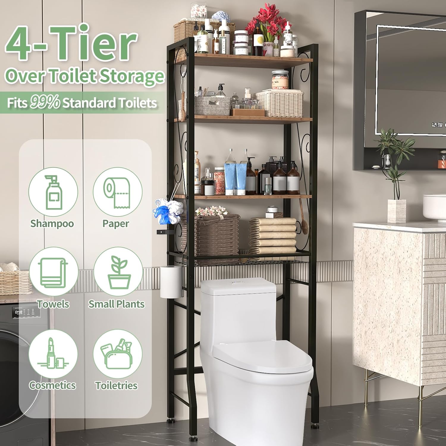 Bathroom Organizer Shelf Over Toilet, Adjustable Wooden Shelves and Basket, Freestanding Above Toilet Shelf