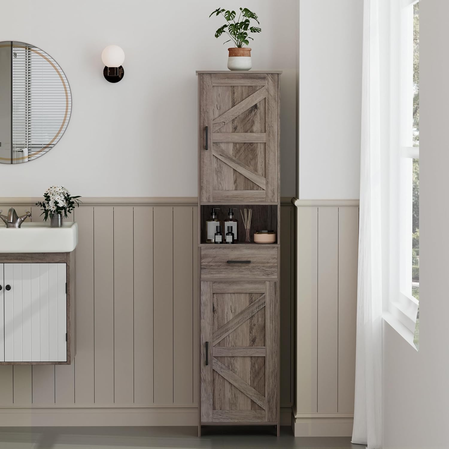 67" H Tall Bathroom Storage Cabinet with 2 Barn Doors and 1 Drawer, Narrow Storage Unit, Adjustable Shelves, 11.8"D x 15.7"W x 66.9"H