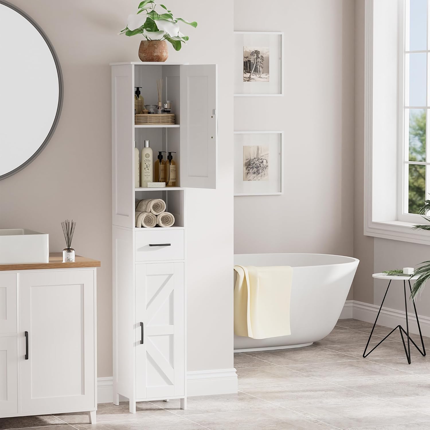 67" H Tall Bathroom Storage Cabinet with 2 Barn Doors and 1 Drawer, Narrow Storage Unit