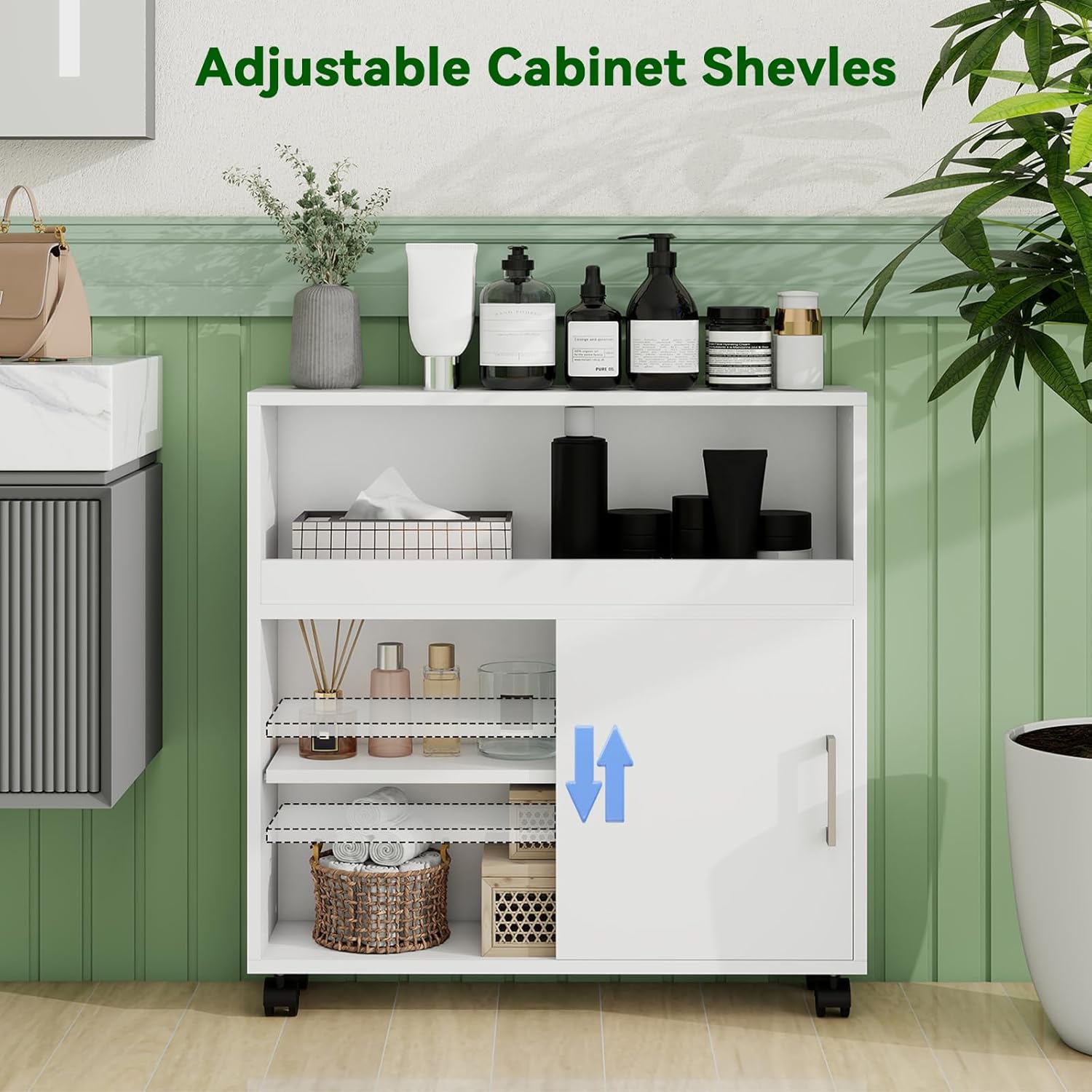 Narrow Slim Bathroom Organizer Storage Cabinet with Sliding Door and Adjustable Shelf